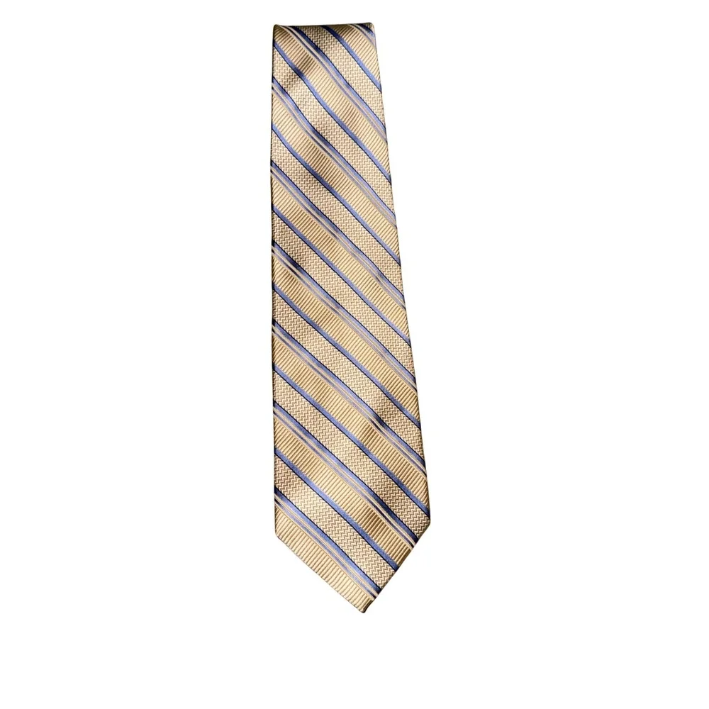 Burma Bibas Necktie One Size Gold Blue Striped 100% Silk Textured‎ Formal Tie